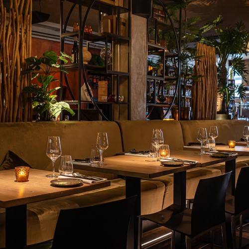 Het restaurant met planten en houten tafels